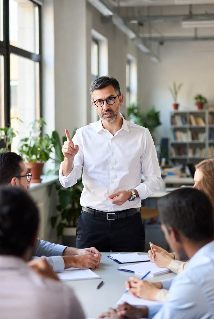 A specialist speaking with a team during a case discussion